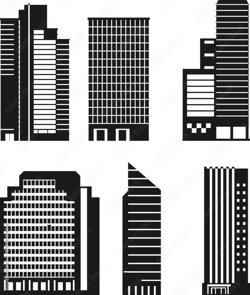  Collection of Flat skyscrapers set isolated Vectors Silhouettes