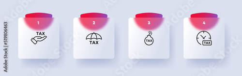 Tax protection set icon. Hand, umbrella, bomp, time to pay, no hidden fees, transparent, income, spendings. Financial management concept. Glassmorphism. Vector line icon for Business and Advertising