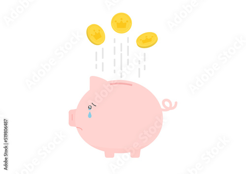 出て行くお金と泣いているピンク色の豚の貯金箱
