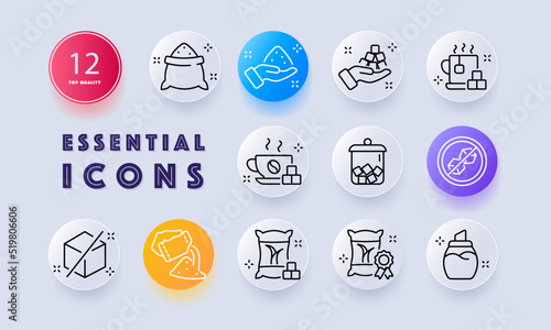 Sugar set icon. Glass bowl, quality mark, cane, bag, cubes, crossed out, no adding sugar, hot coffee, tea, granulated. Eating concept. Neomorphism style. Vector line icon for Business and Advertising