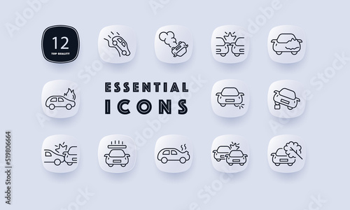 Road accidents set icon. Fall off a cliff, overturned car, smoke, collision, keep distance, burst, collide, overheat, stove, falling tree. Road traffic concept. Neomorphism style. Vector line icon