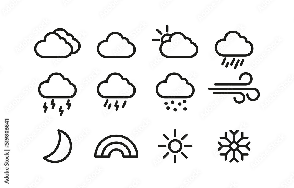 Weather conditions set icon. Cloud, cloudy, sun, rain, lightning, thunderstorm, wind, moon, rainbow, snow, snowflake, forecast. Nature concept. Vector line icon for Business and Advertising Weather conditions set icon. Cloud, cloudy, sun, rain, lightning, thunderstorm, wind, moon, rainbow, snow, snowflake, forecast. Nature concept. Vector line icon for Business and Advertising