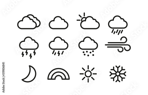 Weather conditions set icon. Cloud, cloudy, sun, rain, lightning, thunderstorm, wind, moon, rainbow, snow, snowflake, forecast. Nature concept. Vector line icon for Business and Advertising