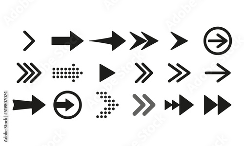 Arrows for website buttons set icon. Next page, scroll, leaf through, follow the link, right swipe, left, cursor, sign. Technology concept. Vector line icon for Business and Advertising