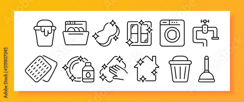 Cleaning the house set icon. Bucket, rag, dishwasher, sponge, window, washing machine, faucet, wash dishes, plunger, clean, shine. Cleanliness concept. Vector line icon for Business and Advertising