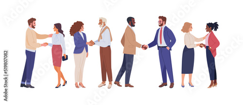 Meeting of business people. Vector illustration in flat cartoon style of several couples of people of different nationalities in business clothes shaking hands. Isolated on white