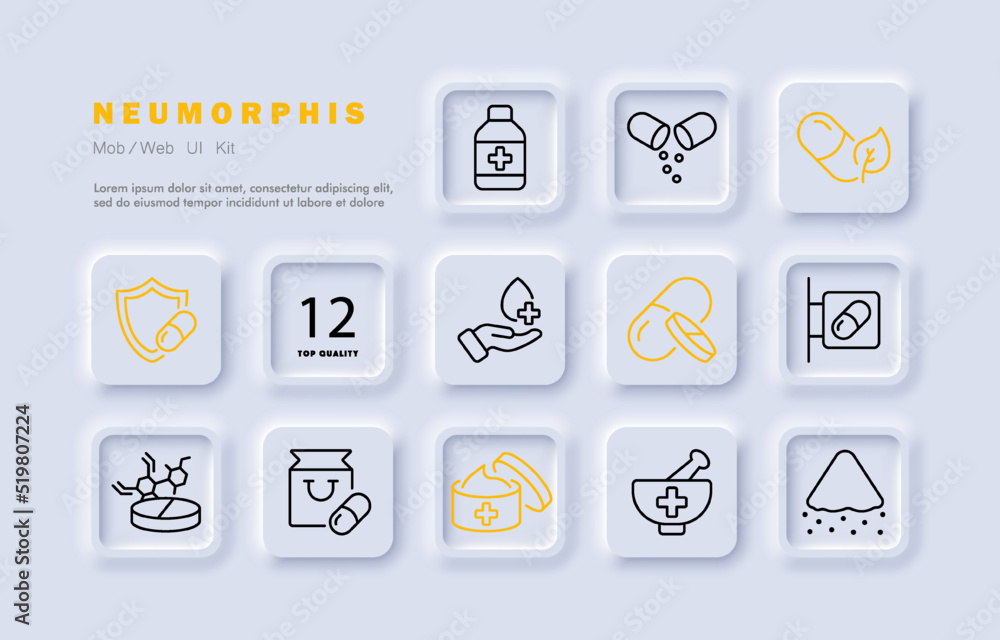 Medicines set icon. Pill, leaf, jar, shield, tablet, pharmacy signboard, formula, bag, cream, cross, mortar, pestle. Healthcare concept. Neomorphism. Vector line icon for Business and Advertising Medicines set icon. Pill, leaf, jar, shield, tablet, pharmacy signboard, formula, bag, cream, cross, mortar, pestle. Healthcare concept. Neomorphism. Vector line icon for Business and Advertising