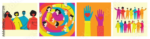 Group of people men, women are standing together. Concept of diversity, equality, tolerance, multicultural society. Vector set of multicultural people.