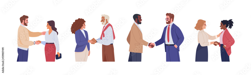 Meeting of business people. Vector illustration in flat cartoon style of several couples of people of different nationalities in business clothes shaking hands. Isolated on white Meeting of business people. Vector illustration in flat cartoon style of several couples of people of different nationalities in business clothes shaking hands. Isolated on white