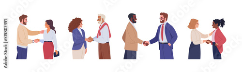 Meeting of business people. Vector illustration in flat cartoon style of several couples of people of different nationalities in business clothes shaking hands. Isolated on white