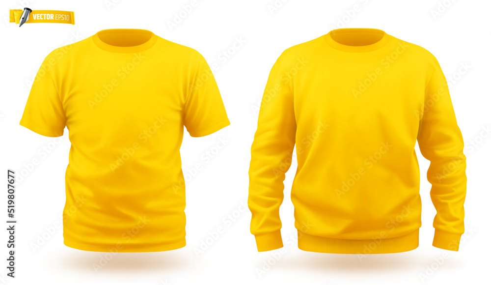 Vector realistic illustration of yellow sweat-shirt and t-shirt on a white background. - obrazy, fototapety, plakaty 