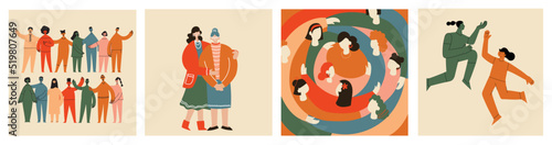 Women friendship group. Diverse female team standing together, holding hands, girls power, multinational sisterhood community vector illustration. Friendship group females, people diversity