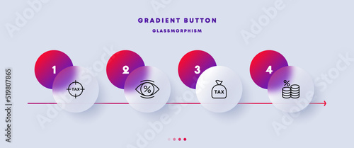 Taxes set icon. Tax protection, aim, eye, money bag, percent, coins, transparent, no hidden fees, income, expenses. Business concept. Glassmorphism style. Vector line icon for Business and Advertising
