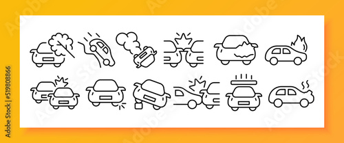 Car accidents set icon. Falling tree, fall off a cliff, overturned car, collision, dent, hood, fire, distance, tire burst, crash, overheating, concrete slab. Road traffic concept. Vector line icon