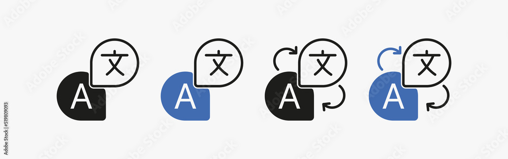 Translation services set icon. Translator, foreign language, interpreter, communication, travel, arrows, dictionary. Technology concept. Vector line icon for Business and Advertising