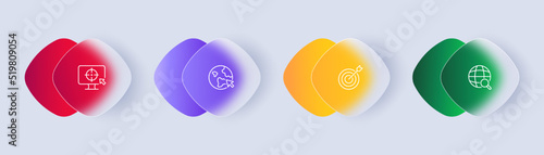 Working plan set icon. Planet, cursor, aim, target audience, search, magnifier, research, goal, internet. Business concept. Glassmorphism style. Vector line icon for Business and Advertising