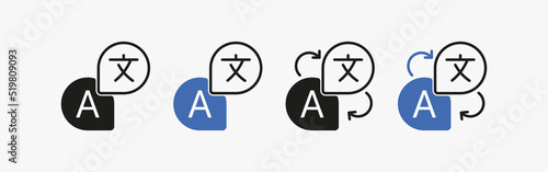Translation services set icon. Translator, foreign language, interpreter, communication, travel, arrows, dictionary. Technology concept. Vector line icon for Business and Advertising