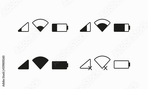 Connection and battery status set icon. Wifi, mobile network, charge percent, accumulator, cross, aborted, device status bar. Technology concept. Vector line icon for Business and Advertising