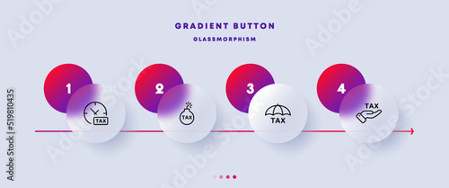 Taxes protection set icon. Hand, tax sign, time to pay, bomb, umbrella, income, spending, financial management, no hidden fees. Business concept. Glassmorphism style. Vector line icon for Advertising