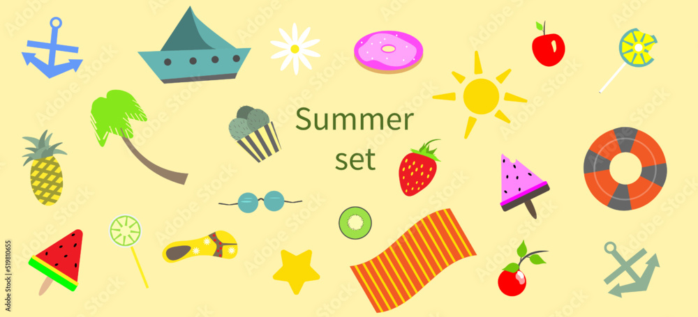 Summer set of items. As a design for summer-themed websites. Vector illustration, isolated on light background.