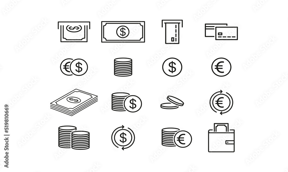 Banknotes and coins set icon. Money, currency, bank card, dollar, euro, wallet, cash register, banking, income, savings, business. Financial management concept. Vector line icon for Advertising Banknotes and coins set icon. Money, currency, bank card, dollar, euro, wallet, cash register, banking, income, savings, business. Financial management concept. Vector line icon for Advertising