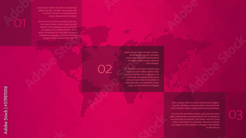 Vector infographic elements for business, presentation, web design, landing page, template, sample text. 1 2 3 steps with world map symbol and low poly gradient pink background