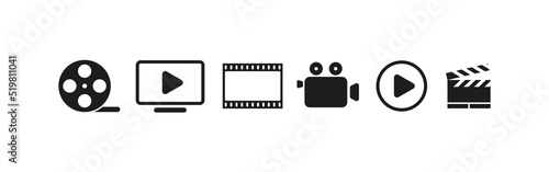 Watch films set icon. Film strip, pause and play buttons, reel, movie camera, clapperboard, slate board, series, cinema. Entertainment concept. Vector line icon for Business and Advertising