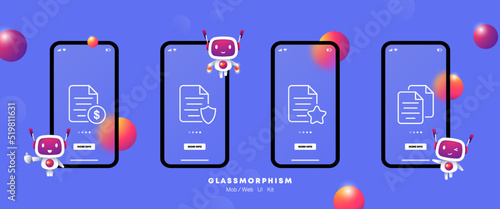 Document management set icon. File, digital, dollar, financial report, shield, star, accounting, important, protected. Business concept. Glassmorphism. UI phone app screens. Vector line icon