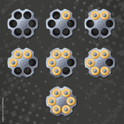 Revolver cylinder subscriber badges. Gun drum icons. Steel barrel with six bullets. Eps10 vector