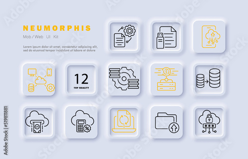 Computer operation set icon. File management, gear, document, flash drive, cloud storage, database, money, calculator, laptop, backup, folder, password. Business concept. Neomorphism. Vector line icon