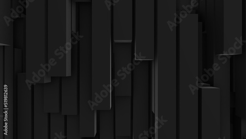 Fototapeta Naklejka Na Ścianę i Meble -  Black geometric background. Ornament of 3d rectangles, parallelepipeds, cubes. Relief field. Abstract art. Wave of musical mosaic. Poster for games, presentations, business, websites.