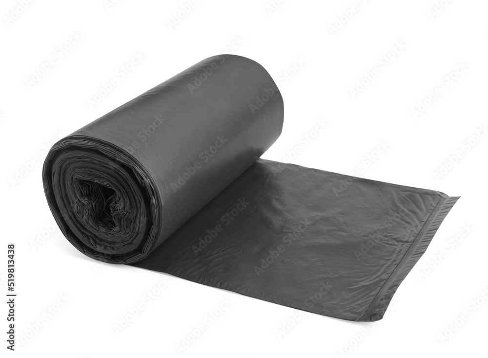 Roll of black garbage bags on white background. Cleaning supplies Roll of black garbage bags on white background. Cleaning supplies