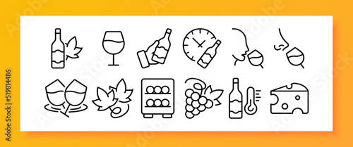 Wine set icon. Grapes, leaves, glass, aging, time, clock, tasting, smelling, cellar, storage temperature, cheese, conditions, clock. Restaurant concept. Vector line icon for Business and Advertising