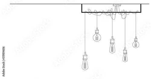 One line drawing of modern loft chandelier with pendant lamps with Edison bulbs. Continuous line illustration of lightbulbs in lineart style. Horizontal vector Minimalist design background