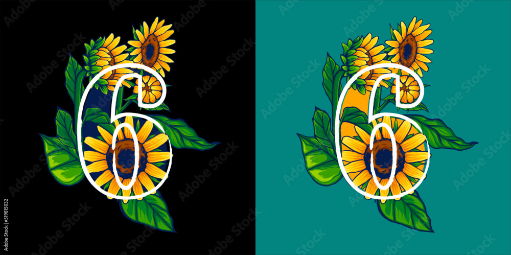 Obraz premium Number 6 With Summer Themed Sunflower Illustration
