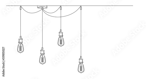 Continuous line lamps and Edison bulbs. One single line drawing of modern loft chandelier with lightbulbs in lineart style. Minimalist design background Horizontal vector illustration. Place for text