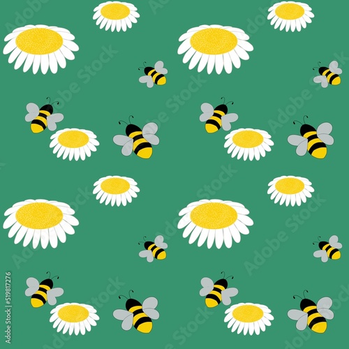 Seamless pattern  bees collect honey  in a blooming field with daisies. illustration.