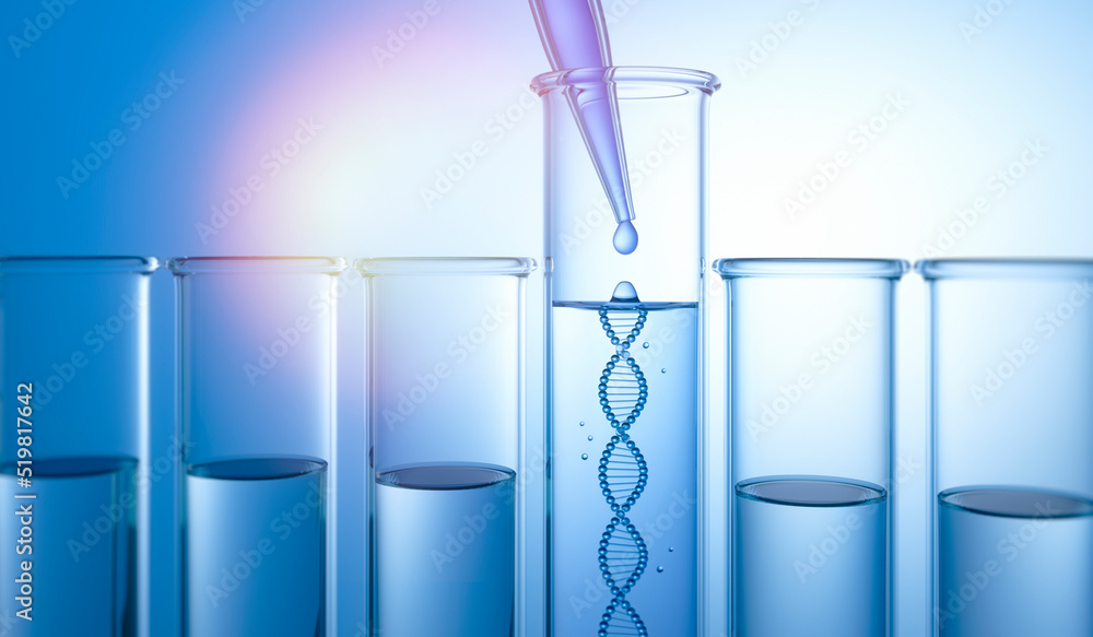 Test tubes with DNA model inside and pipette dropping - 3D Illustration of microbiology concept Test tubes with DNA model inside and pipette dropping - 3D Illustration of microbiology concept