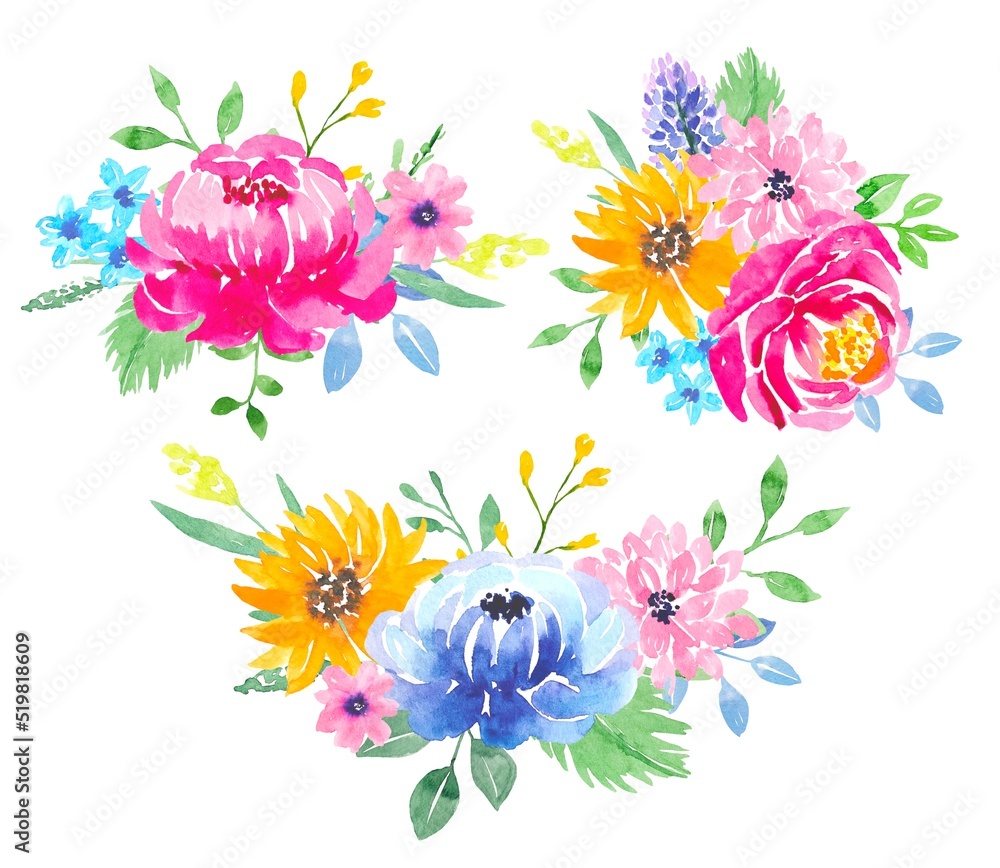 Watercolor floral bouquets of colorful flowers