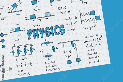 Notes on exercises, physics formulas and equations, uniform rectilinear motion, statics, electromagnetism, electrical circuits, friction force, energy, angular velocity, on a grid sheet