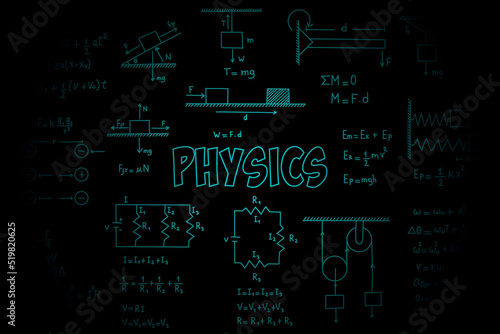 Futuristic background of physical formulas and equations, uniform rectilinear motion, static, electromagnetism, friction force, energy, angular velocity