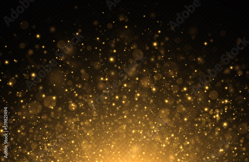 Glowing background of sparkles particles. Blurred bokeh twinkle on transparent background. Golden glitter light effect.