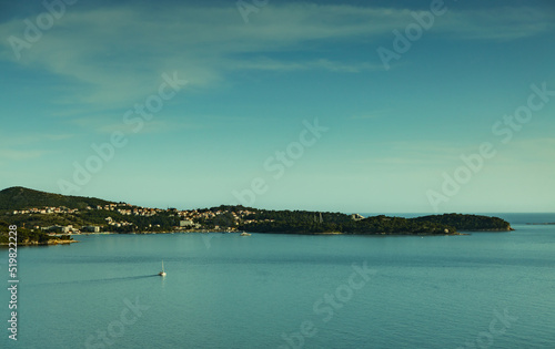 Wallpaper Mural Sea landscape, Adriatic Sea, islands visible on the horizon, view of the bay and the town of Cavtat, sunny day, the sky partly covered with clouds. Torontodigital.ca