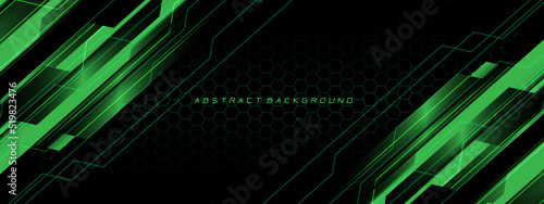 Abstract green neon cyber circuit futuristic technology geometric on black hexagon mesh design modern background vector