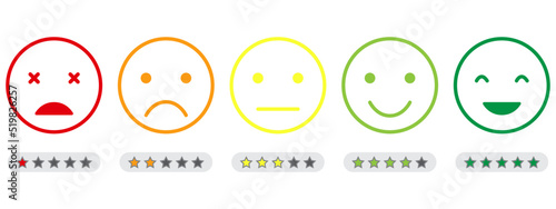 Emoji Feedback Scale with Stars Line Icon. Customers Mood from Happy Good Face to Angry and Sad Concept. Emoticon Feedback. Level Survey of Customer Satisfaction. Isolated Vector Illustration