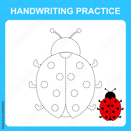 Handwriting practice. Tracing the lines of a ladybug. Educational kids game, coloring book sheet, printable worksheet. Vector illustration