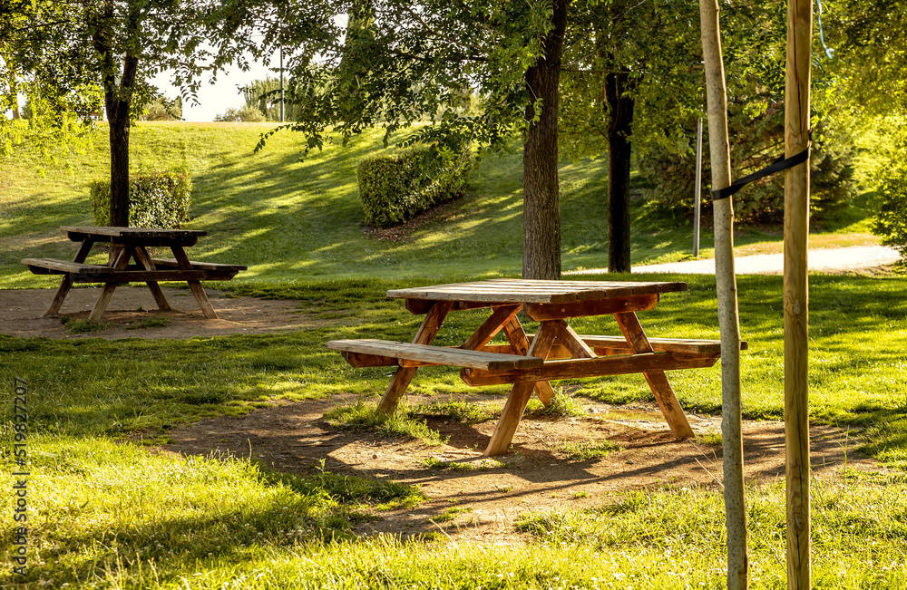 picnic tables in grass area in the shade of the trees for leisure activities