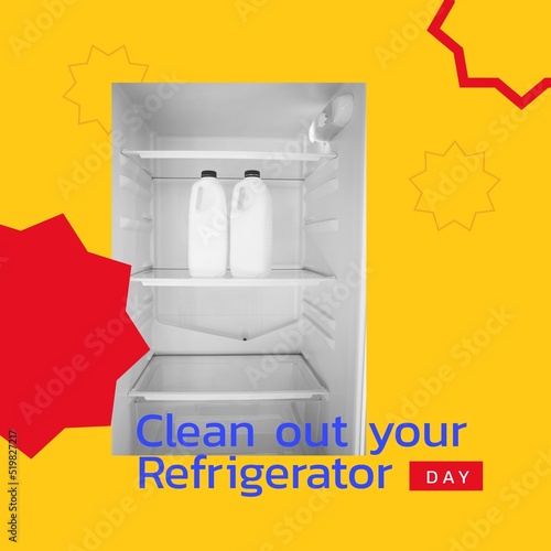 Image of clean out you refrigerator day over yellow background with stars and fridge