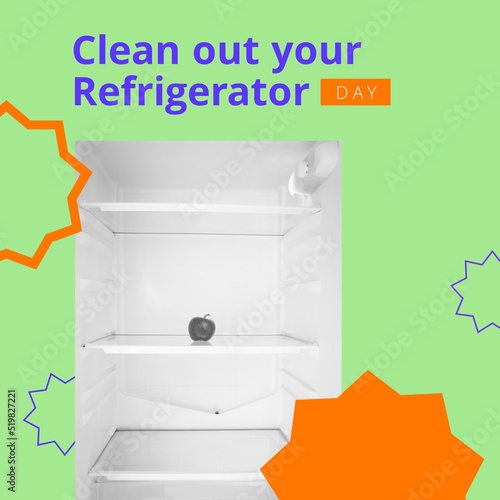 Image of clean out you refrigerator day over green background with stars and fridge