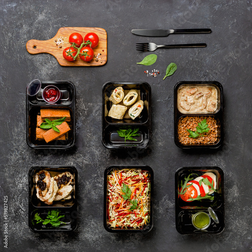 Delivery of healthy food in takeaway restaurants for daily meals on a black background